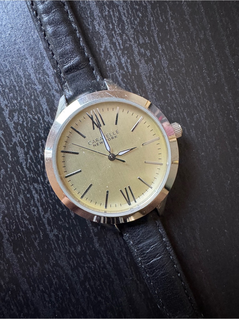 CARAVELLE New York Women's Gold Dial Black Leather Strap Watch